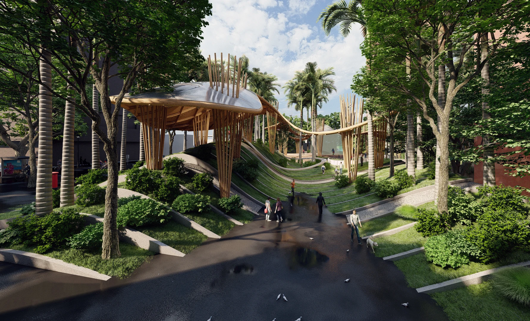 El jardín en terrazas hacia el pabellón