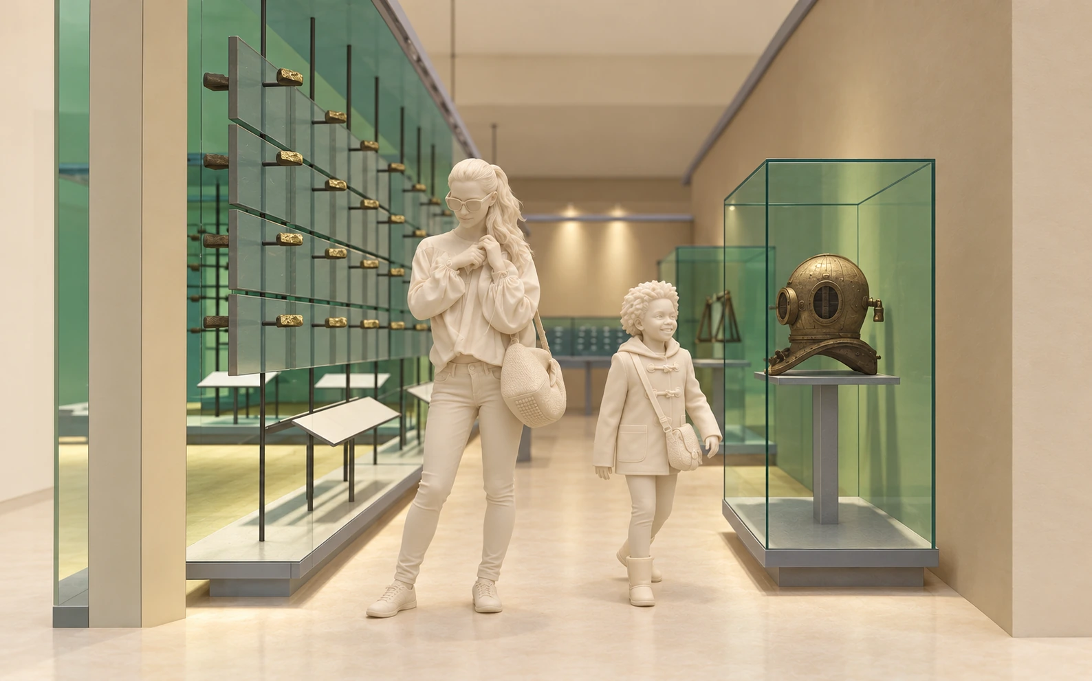 freestanding case with a historic piece and reading tables — Geology museum