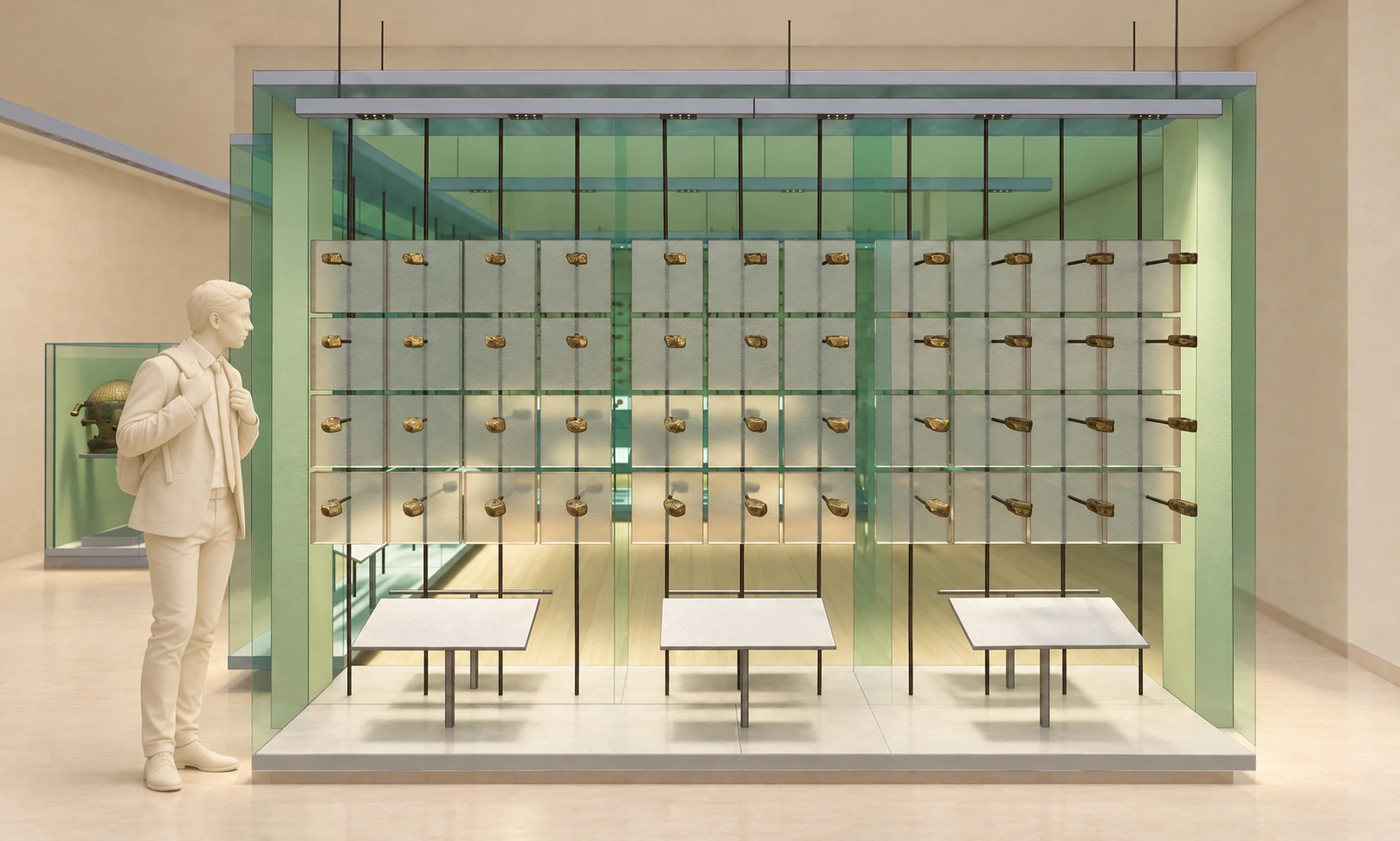 mineral wall case at visitor scale — Geology museum