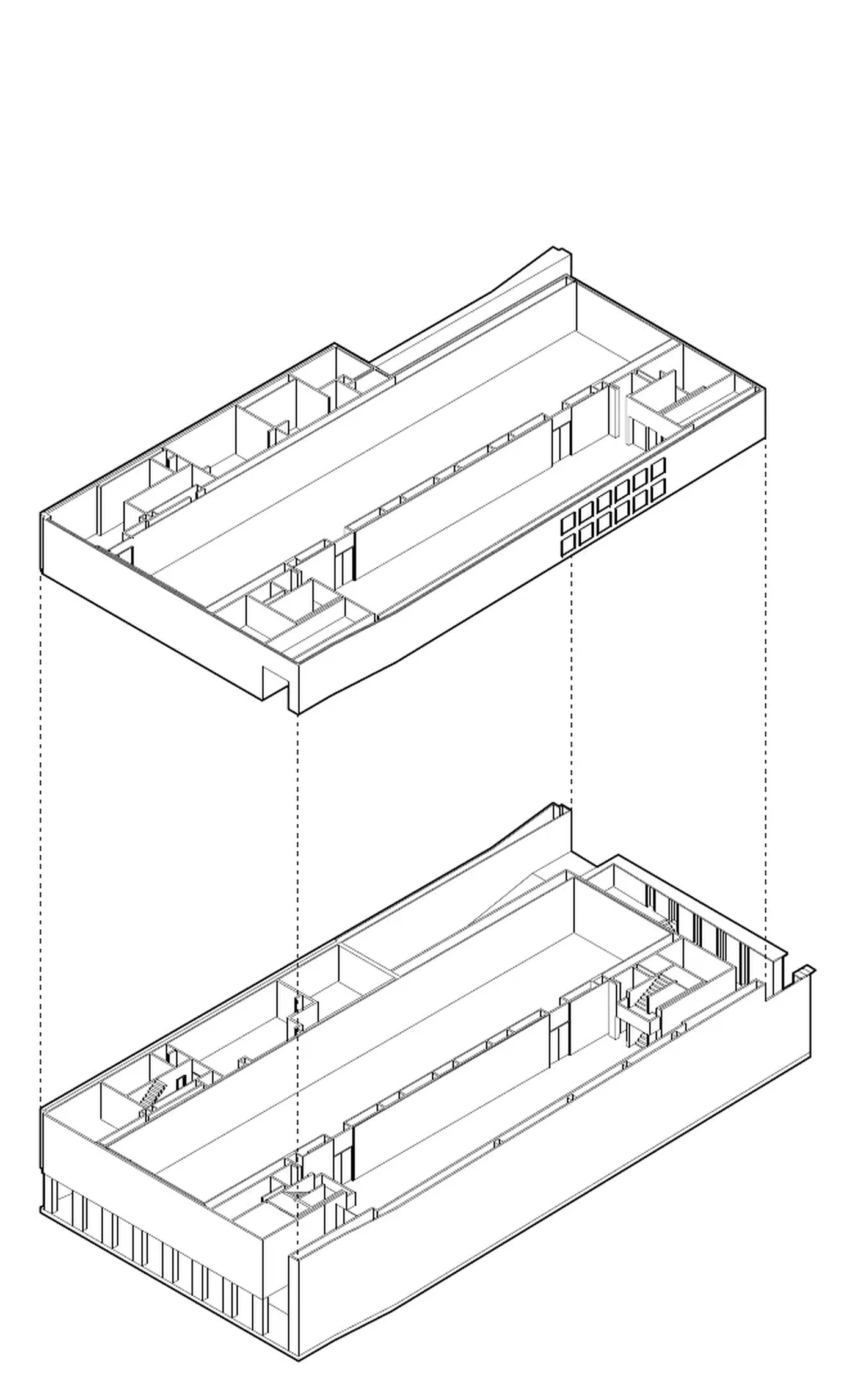 animated isometric: existing room, exploded furniture, assembled exhibition