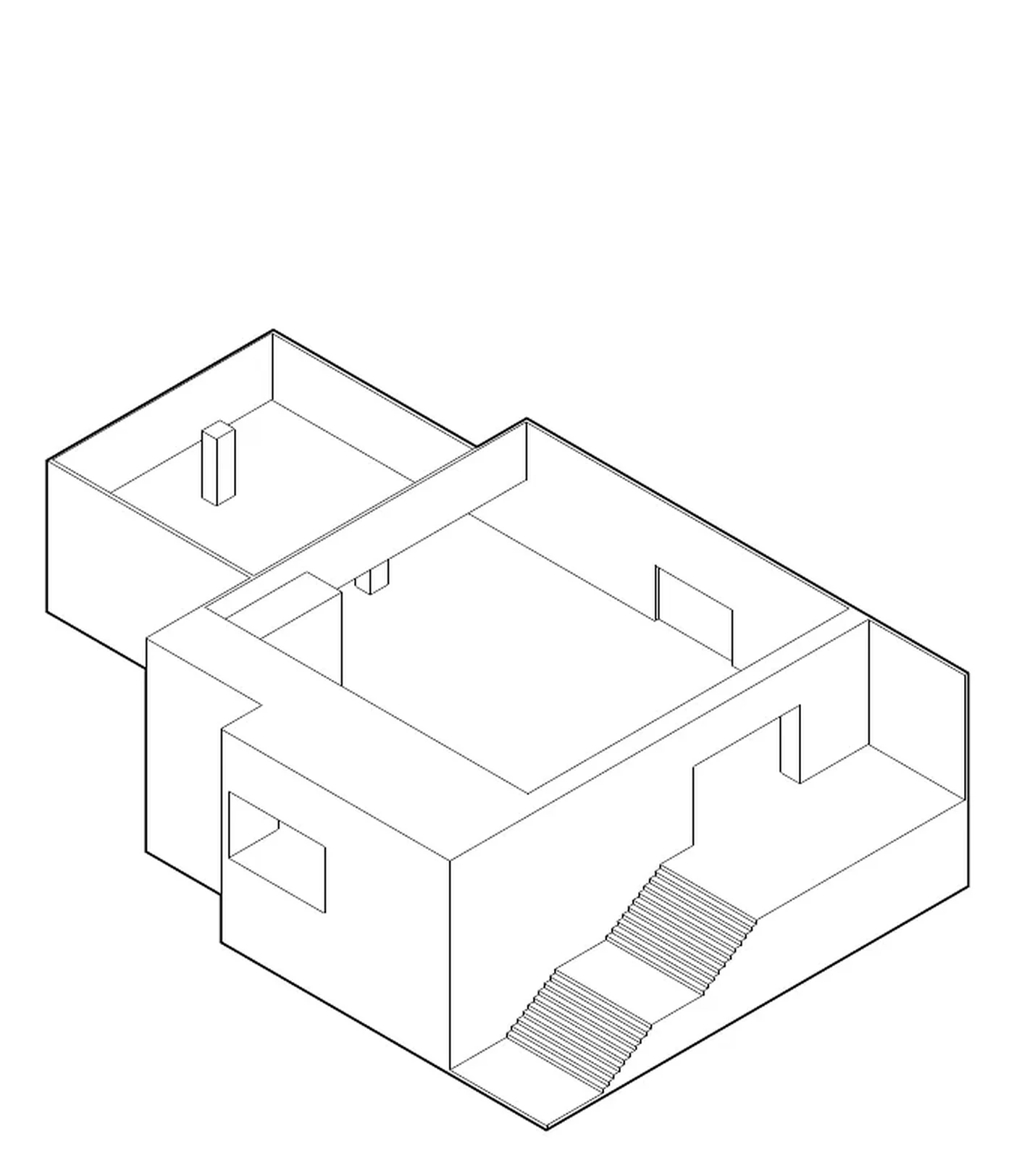 animated isometric: existing room, exploded furniture, assembled exhibition